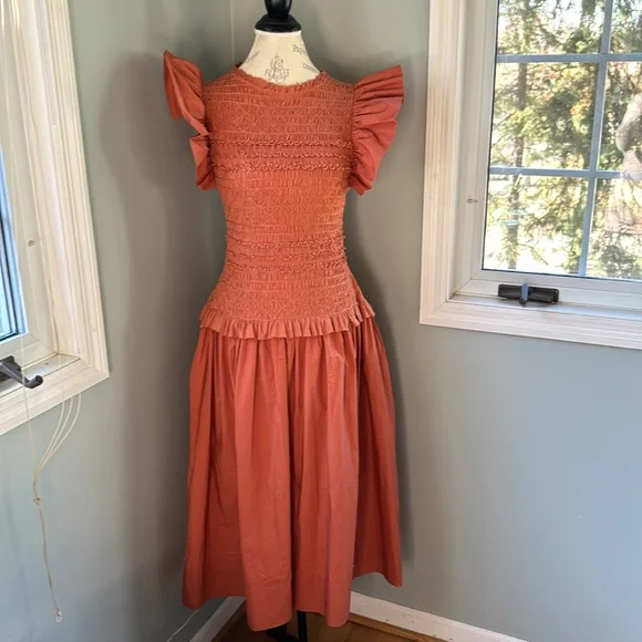 Ulla Johnson Madeline smocked body midi dress NWT size 6 in color clay - Picture 6 of 16